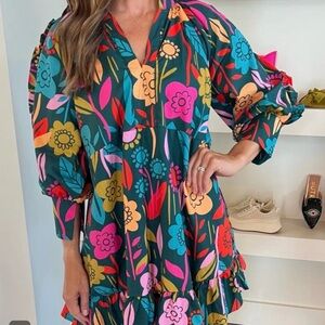 🌺 Flower Print ruffle trim v neck mini dress 🌺